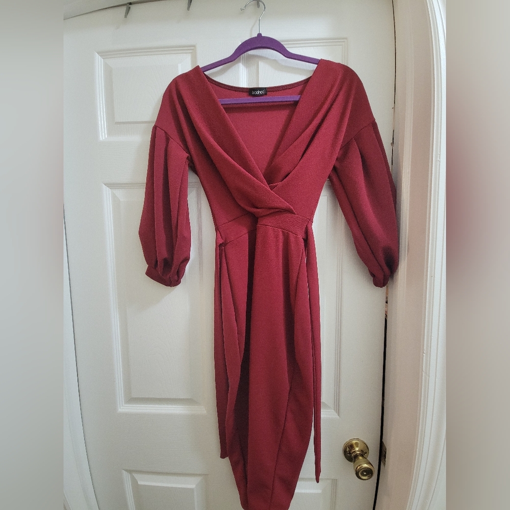 Boohoo Red Midi Dress with Bishop Sleeves